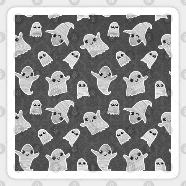 Black and White Vintage Kawaii Ghost Pattern Sticker by RobertPhelpsArt